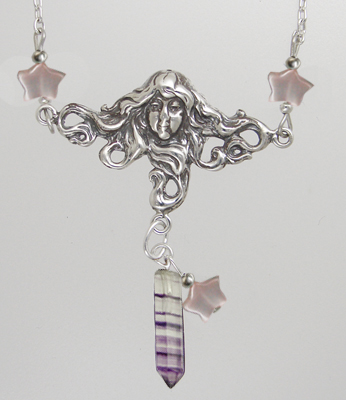 Sterling Silver Woman Maiden of the Morning Star Necklace With Fluorite And Pink MOP Stars